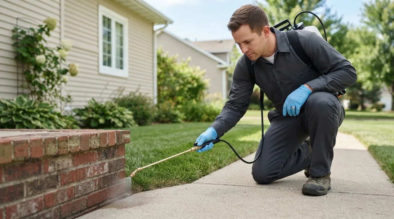 Pest control technician treating a home near Rigby, ID